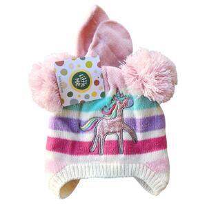 Little Me Baby Girl Pink Knit Unicorn Pompom Hat With Mittens Set Size 3-9M